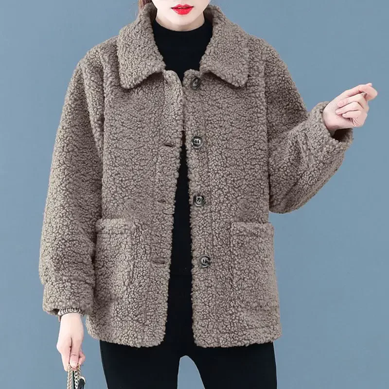 Moda Faux Fur Cashmere Temperament Button Winter Women's Short Solid Color Loose Slim Lapel Pocket Casual Coat Women's