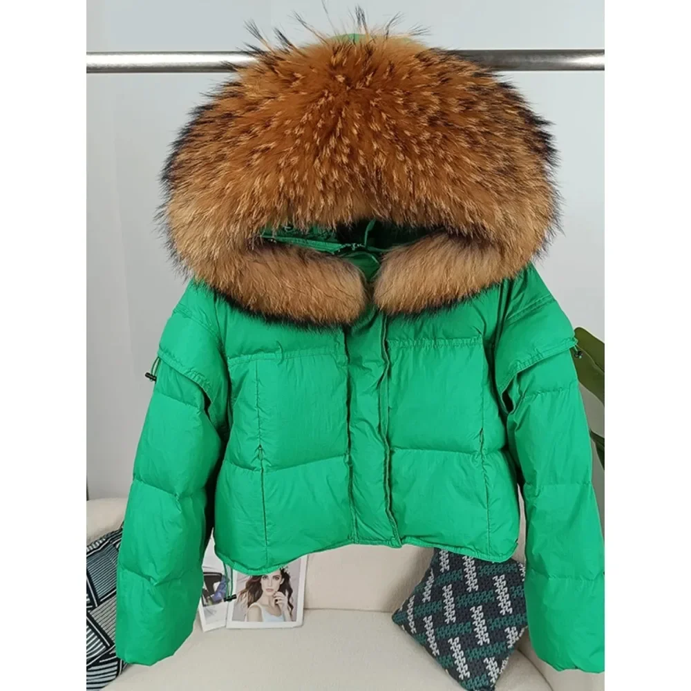 Autumn Winter Women Real Raccoon Fur Collar Hooded Detachable Sleeve Jacket Duck Down Loose Fashionable Streetwear Outerwear