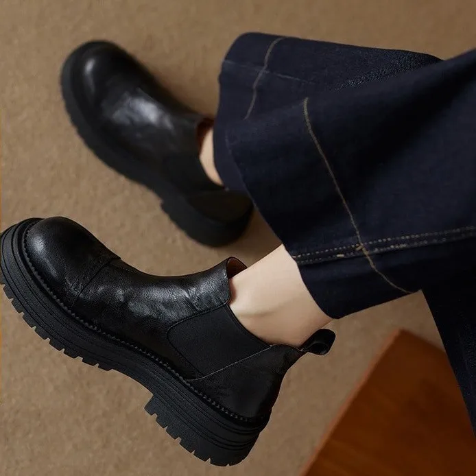 

Женские короткие ботинки челси с круглым носком, на толстой подошве, в британском стиле, летние, на среднем каблуке, с резиновой подошвой