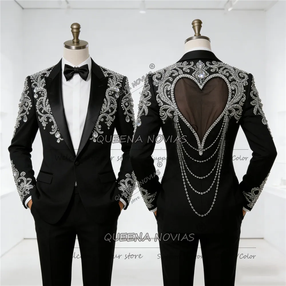 

Мужской костюм с камнями из бисера, уникальный дизайн, однобортный пиджак с вырезами для выпускного вечера на свадьбу, комплект из 2 предметов, смокинги для жениха по индивидуальному заказу