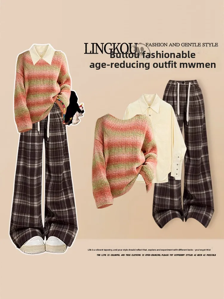 

Fashionable Large Size Autumn Set Women's Lazy Style Age-Reducing Striped Sweater Retro Plaid Casual Pants Shirt Three-Piece Set