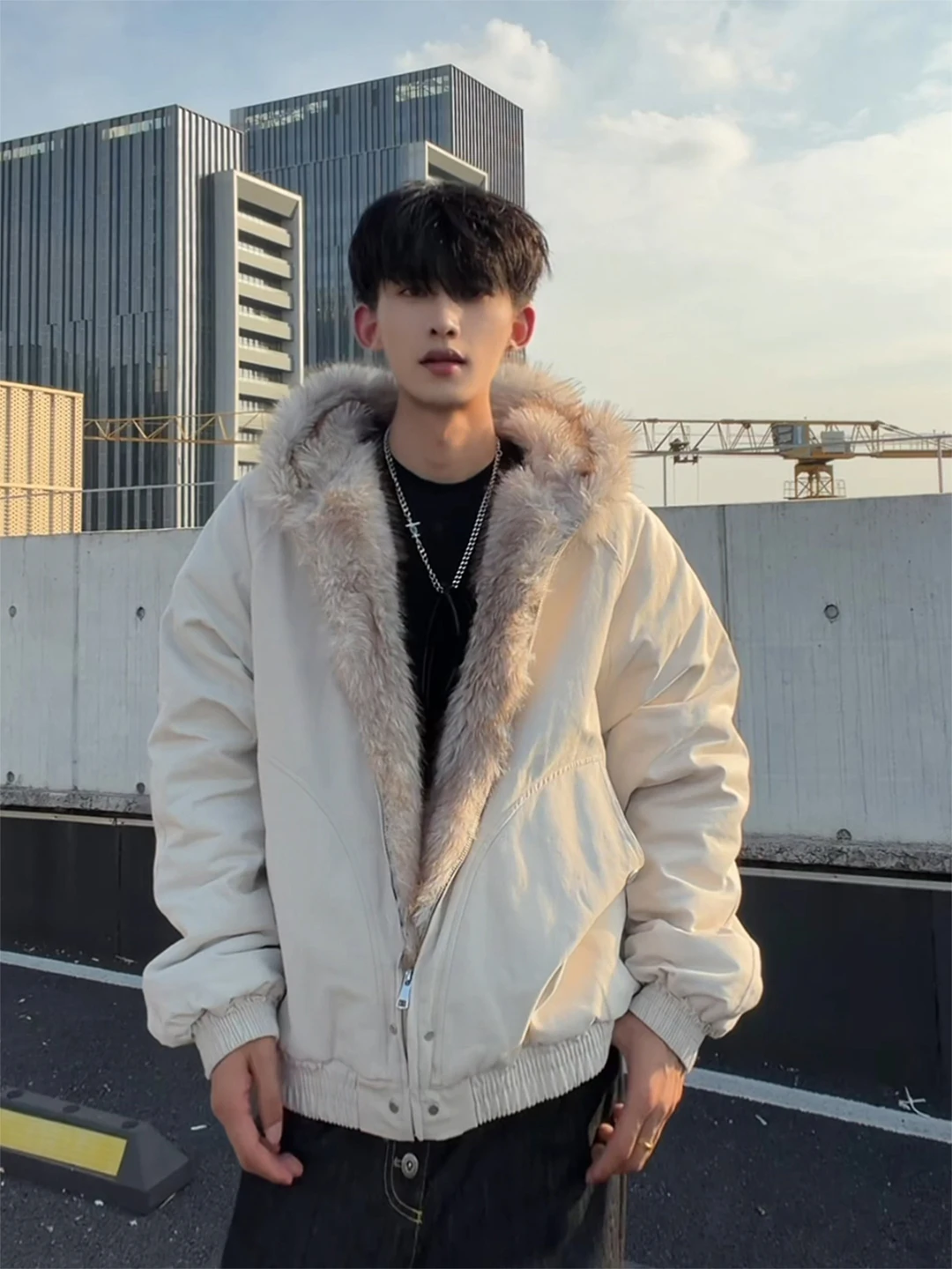 

American Sle Cheanfit Men's Winter Thiened Warmth Cotton Jaet with Fur Collar Advanced Feeling Hooded Coat Casual Loose...