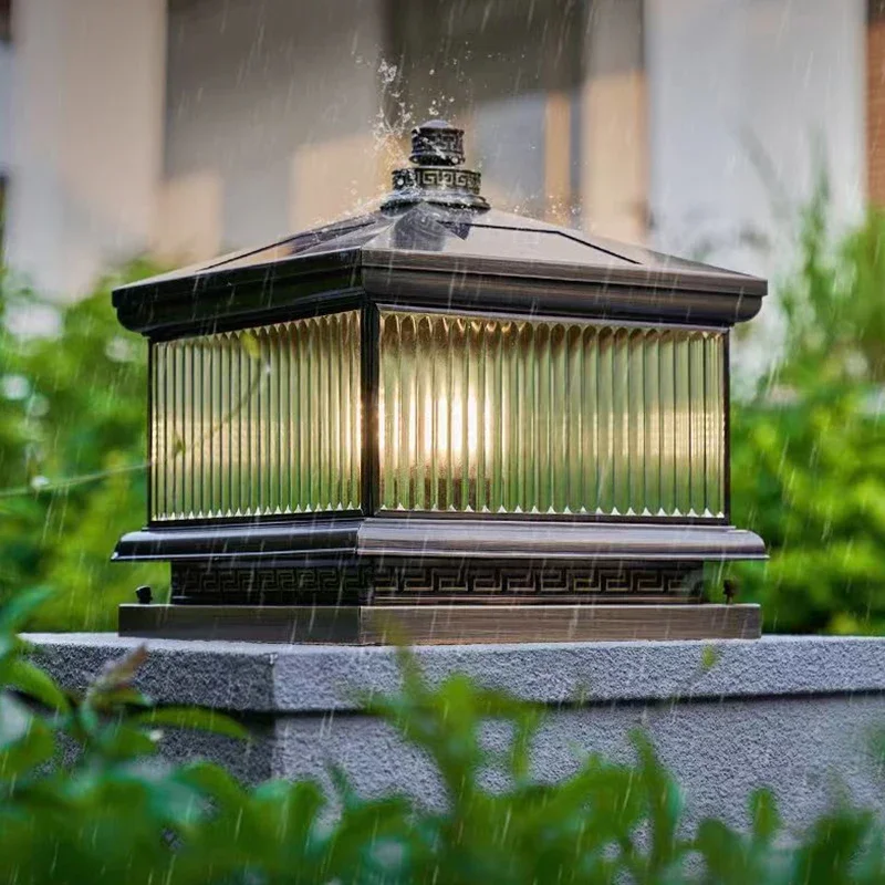 PLLY Outdoor Solar Post Lamp Vintage Creative Chinese Brass  Pillar Light LED Waterproof IP65 for Home Villa Courtyard