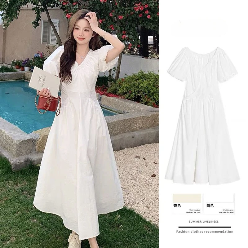 Summer French V-neck Bubble Sleeve Mid-length First Love Dress Women's High Waist Show Thin Fairy Pommel dress