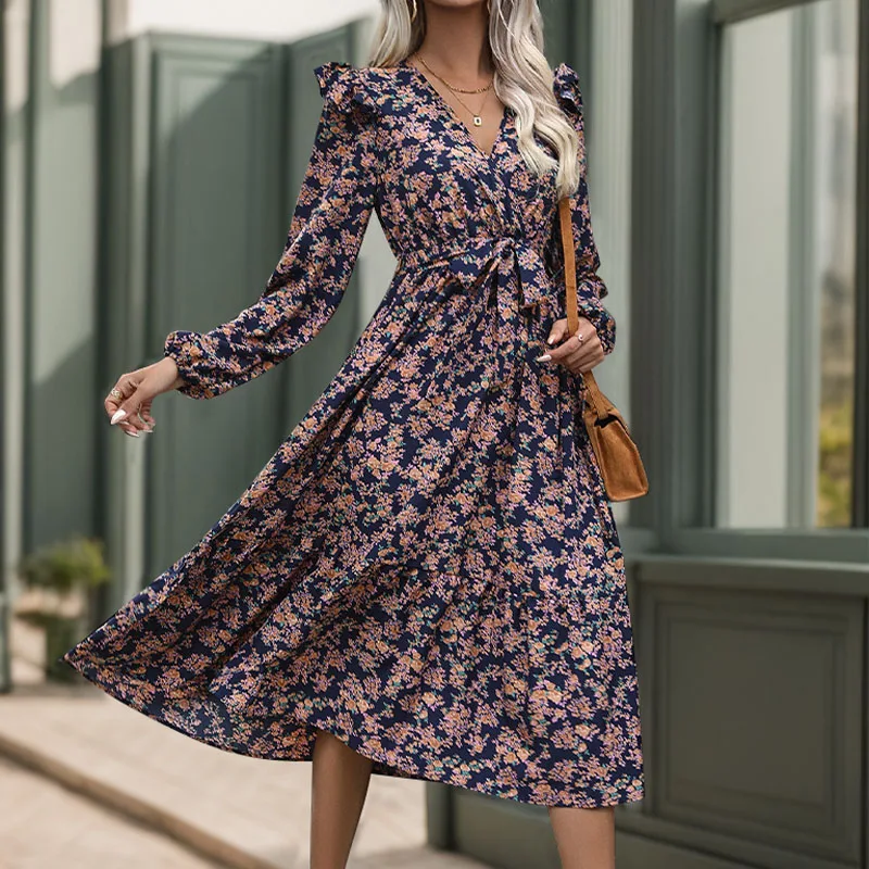 Women's Deep Blue Floral Print Dress Boho Deep V-Neck Ruffle Long Sleeve Waist Belted Flowy Midi Dress for Autumn Daily Party