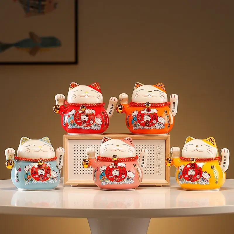 Ceramic Beckoning Lucky Cat, Battery Powered, Fortune Cat, Waving Arm, Maneki Neko Gift Box, Home Decoration, Centerpiece, 4.5