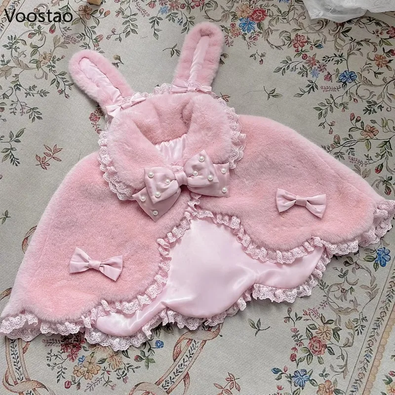 Sweet Lolita Style Ponchos Coat Women Cute Pearl Bow Bunny Ears Shawl Short Jackets Autumn Winter Japanese Lace Plush Warm Cloak