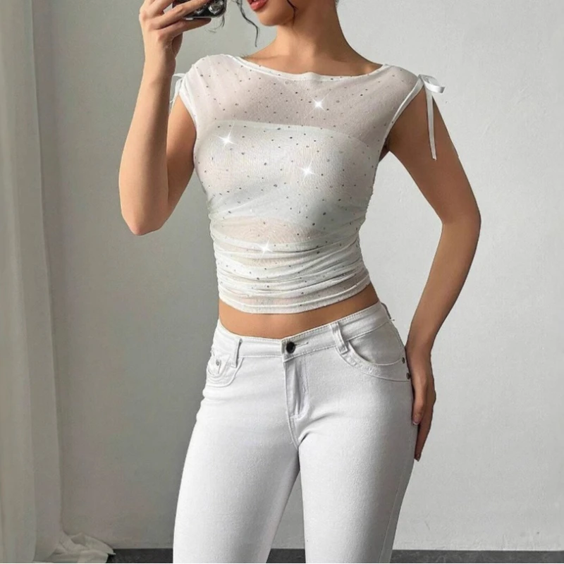 

2025 Summer Sequined Mesh Off-the-shoulder Bow Pleated T-shirt Women's Top