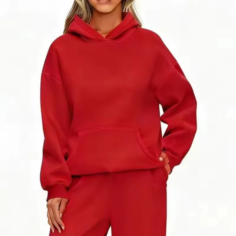 Herbst-Winter Damen Hoodie-Anzug + Weite Hose Zweiteiliges Set Frei Kombinierbar Langarm-Trainingsanzug mit Känguru-Tasche Damenanzug – Detail 21