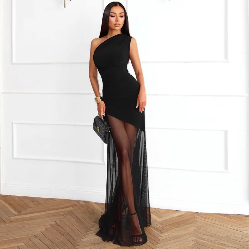 

FL Off Shoulder See Through Dress Solid High Waist Patchwork Backless Slim Long Dress Women Vacation Party Evening Dresses New