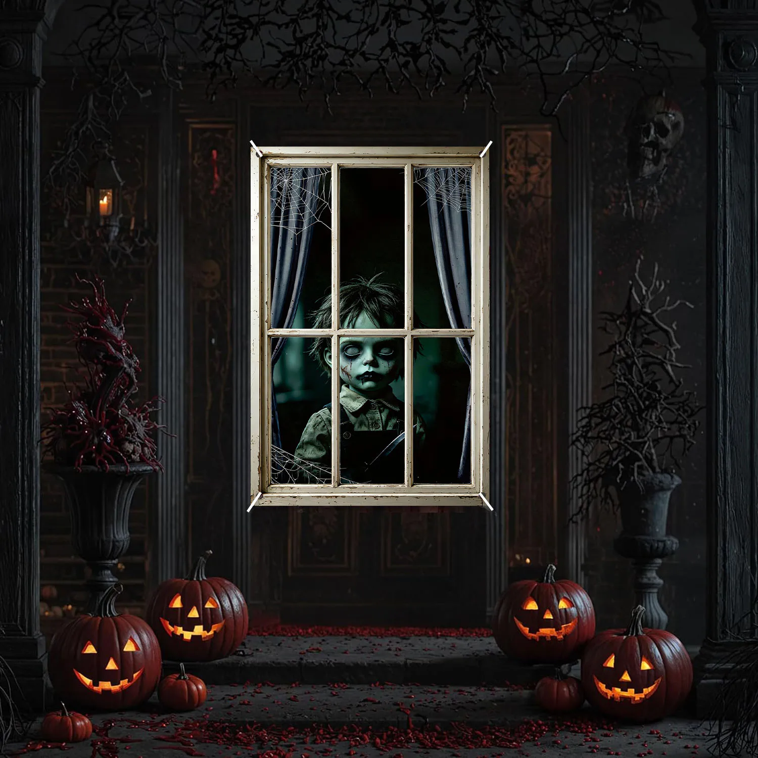 Vintage Halloween Horror Window Cover Silhouette Decoration Banners Blood Ghost Nun Devil Demon Scary Haunted House Window Poste – Detail 4