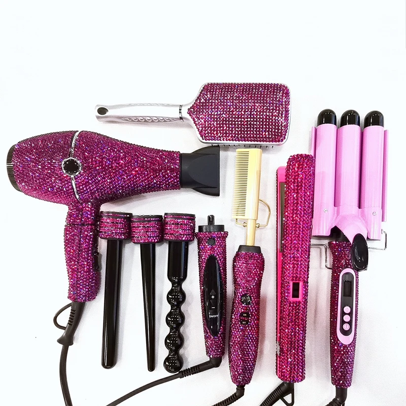 Hot hair tools set 6pcs salon hair styling tools bling professional hair dry and bling triple barrel curling