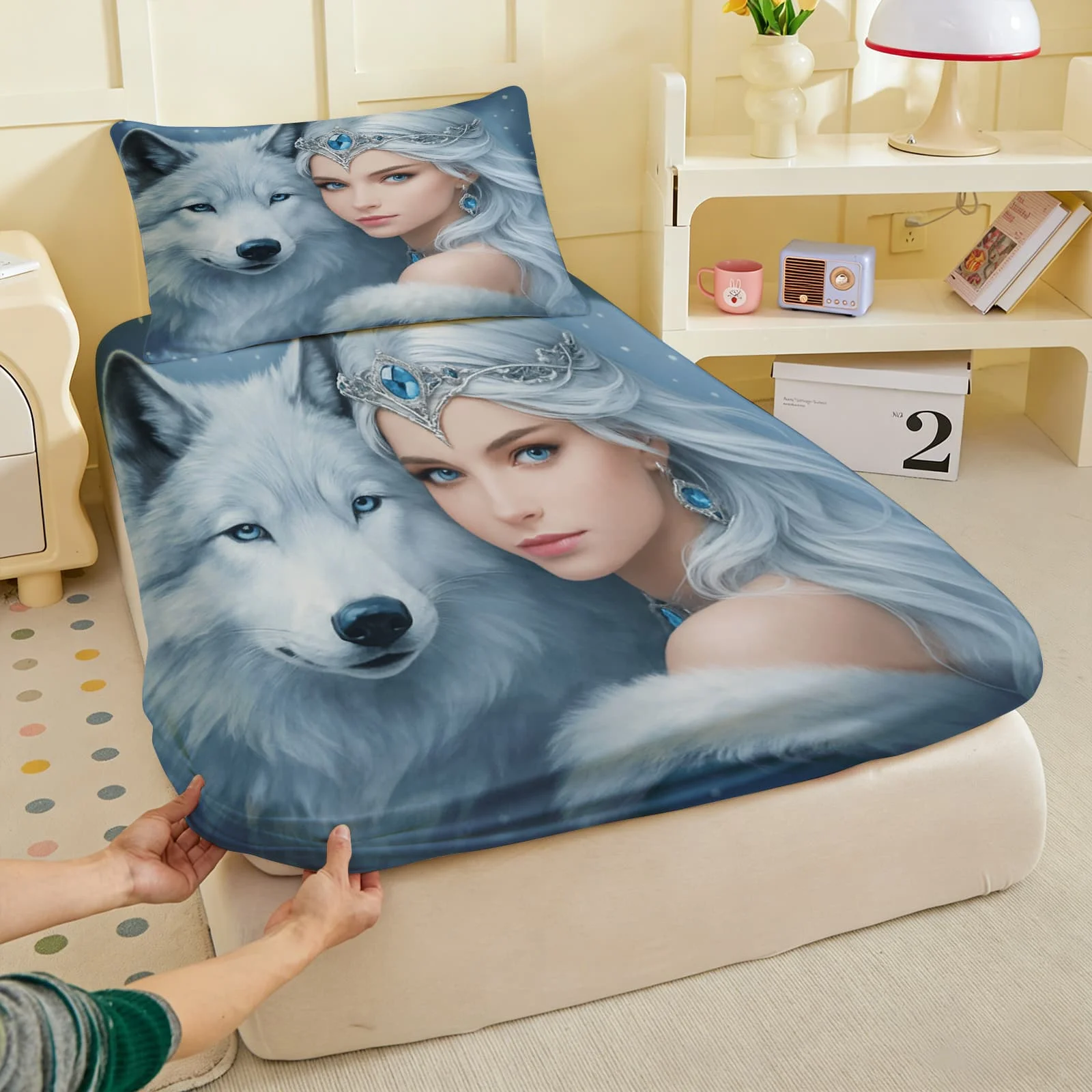 1pc Ice Princess with White Wolf Print Fitted Sheet Deep Pocket Elastic Mattress Cover Single Double Queen King Bedroom Decor