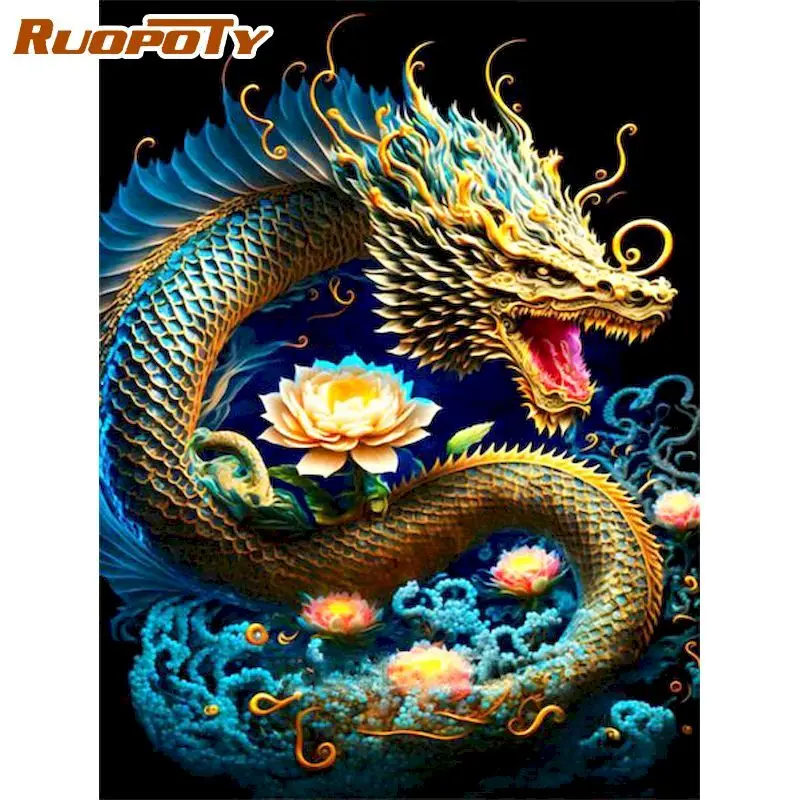 

RUOPOTY Dragon Painting By Numbers For Adults With Frame Colorful Animal Handpainted On Canvas Number Painting For Home Decor