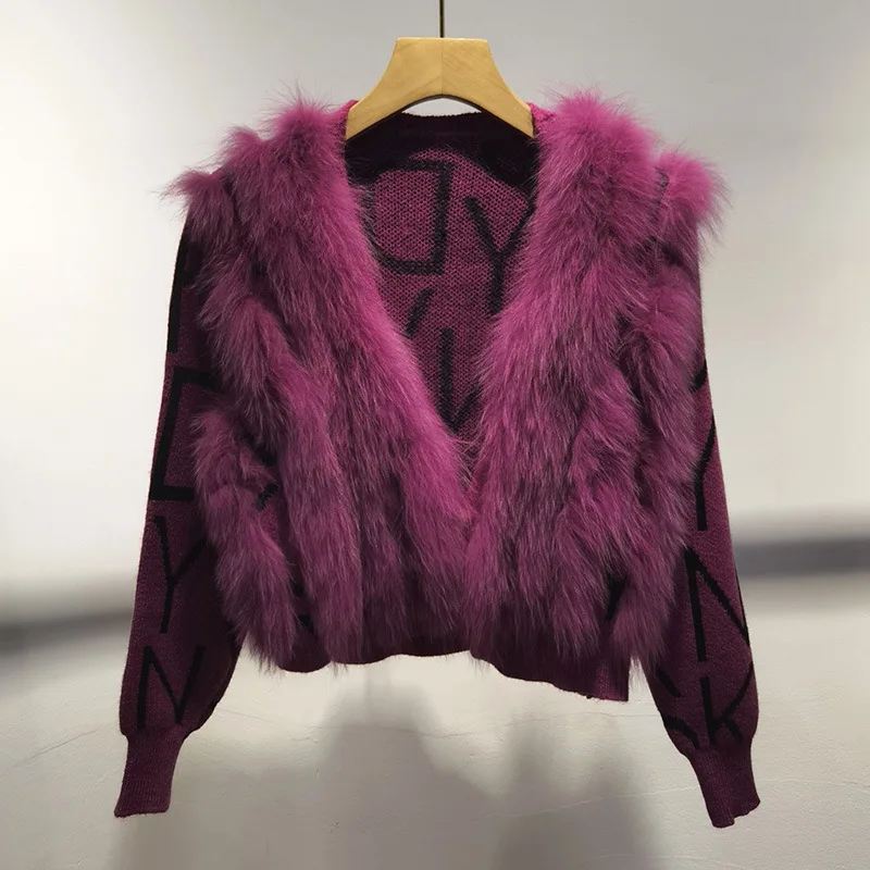 Women Short Knitted Cardigan With Real Fox Fur Autumn Long Sleeve Female Genuine Fur Striped Cardigans Sweater