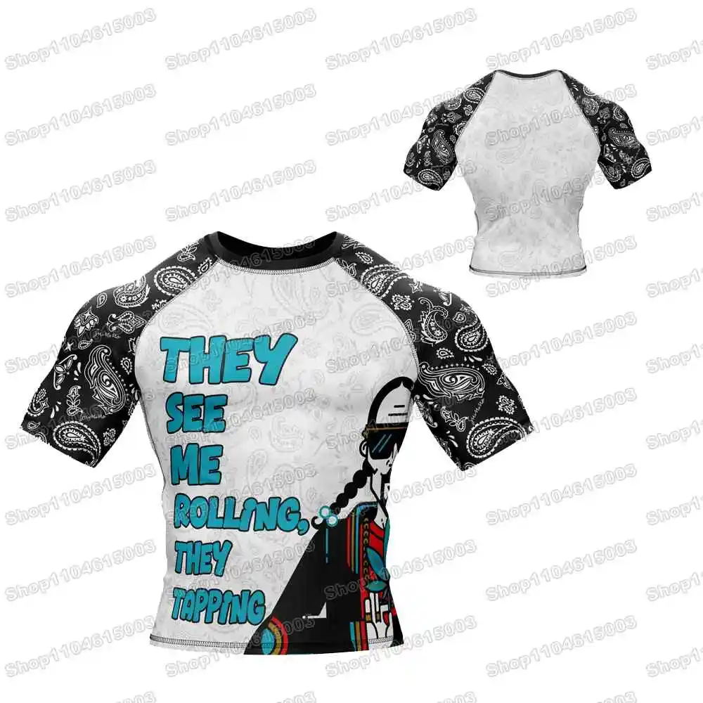 Roll Reign WWF Wrestling Rash Guards Camisa de surf Camisas de praia Roupa de banho MMA BJJ Homens Jiu Jitsu Conjuntos de fitness