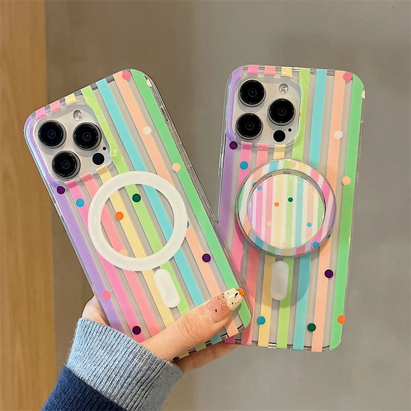 Color Stripes Polka Dot Magnetic Phone Case For iPhone 15 Pro 14 13 Pro Max 14pro Cover with Magsafe Holder Silicone Cute Cases