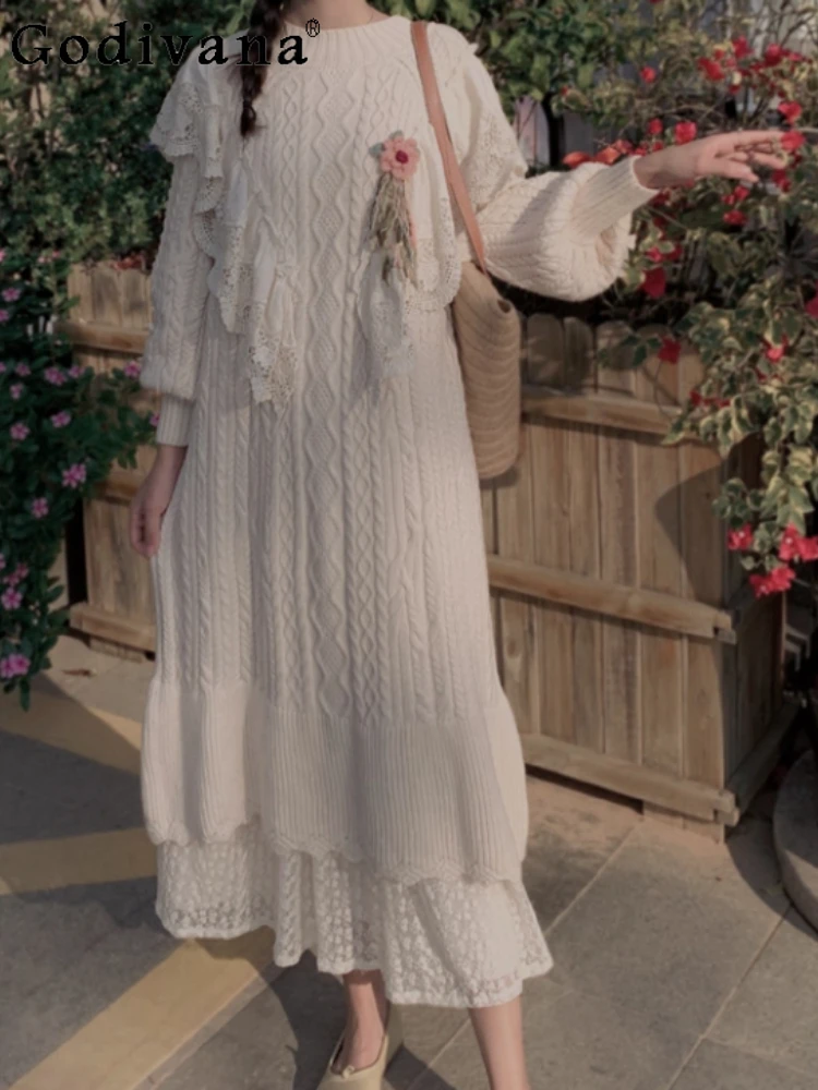 

Autumn Winter French Court Long Lantern Sleeve Lace Sweater Long Dress Fashion Age Reduction Loose Thickened Knitted Dresses