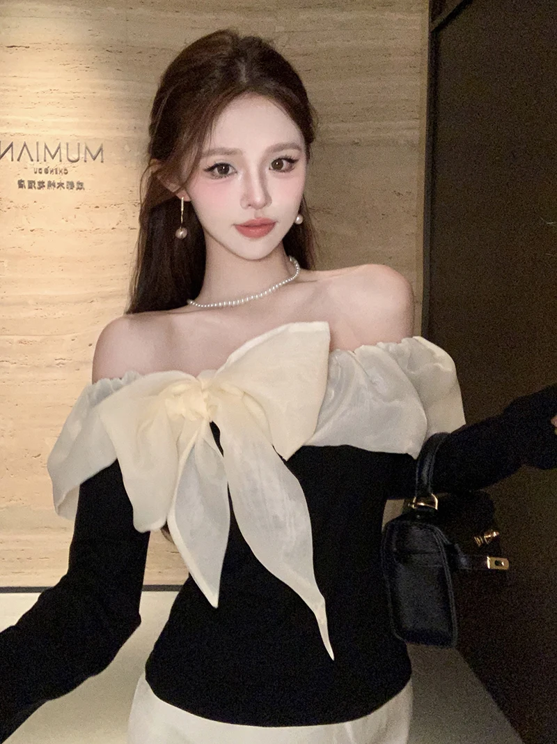 MiiiiX French Elegant Tie Bow Off-shoulder Long-sleeved Cotton T-shirt Slim Patchwork Bottoming Shirt Autumn Women's Clothes