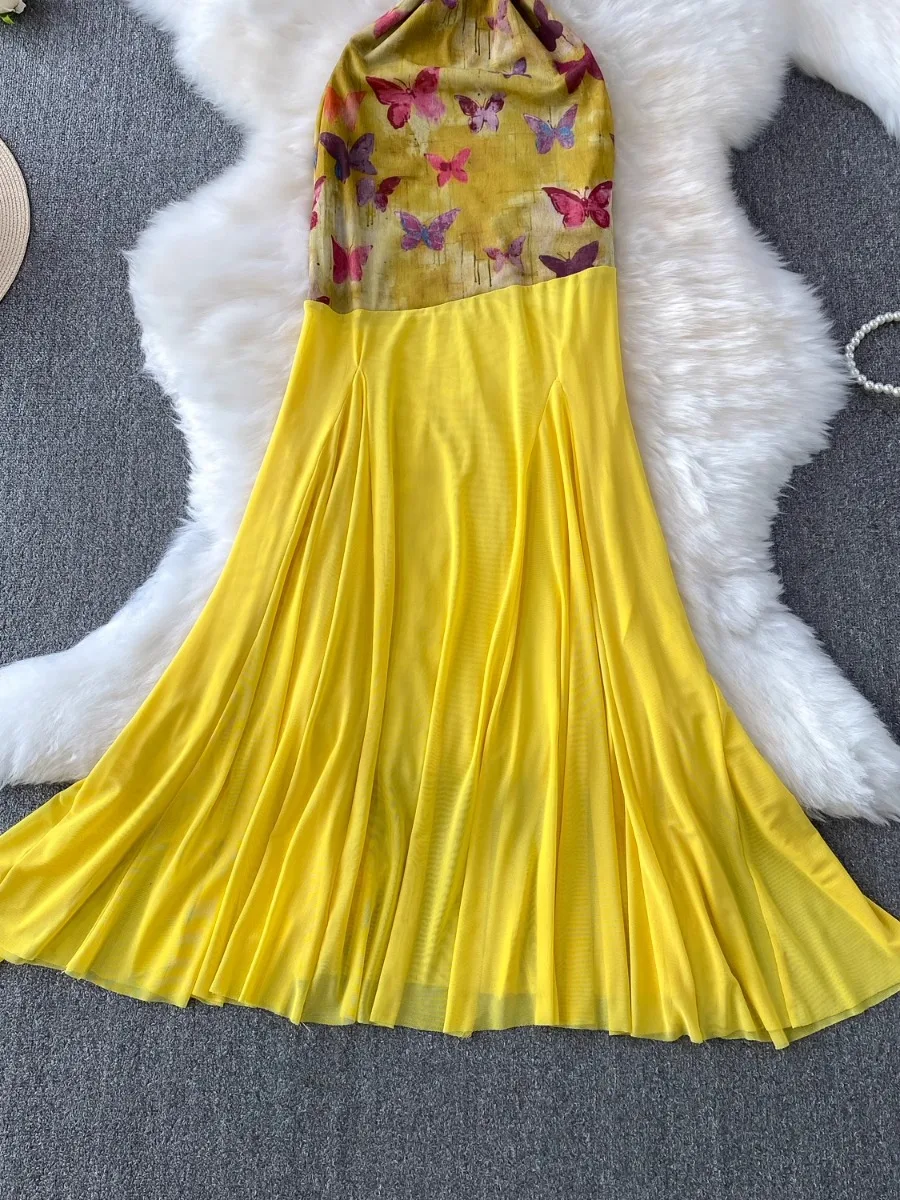 Foamlina Nowa Elegancka Sukienka Maxi Bez Ramiączek z Nadrukiem Motyli, Letnia Sukienka Syrenka z Siateczkowymi Wstawkami, Wyszczuplająca w Talii