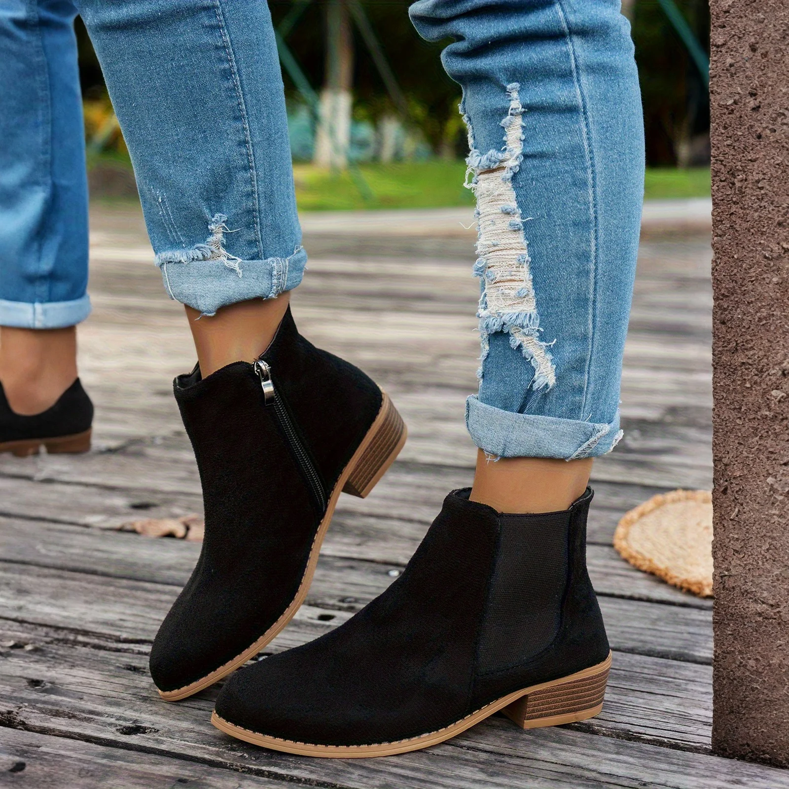 

Women's Natural Suede Elastic Patch Low Heel Shoes Autumn and Winter Ankle Boots Square Toe Casual Women's Short Boots 2025