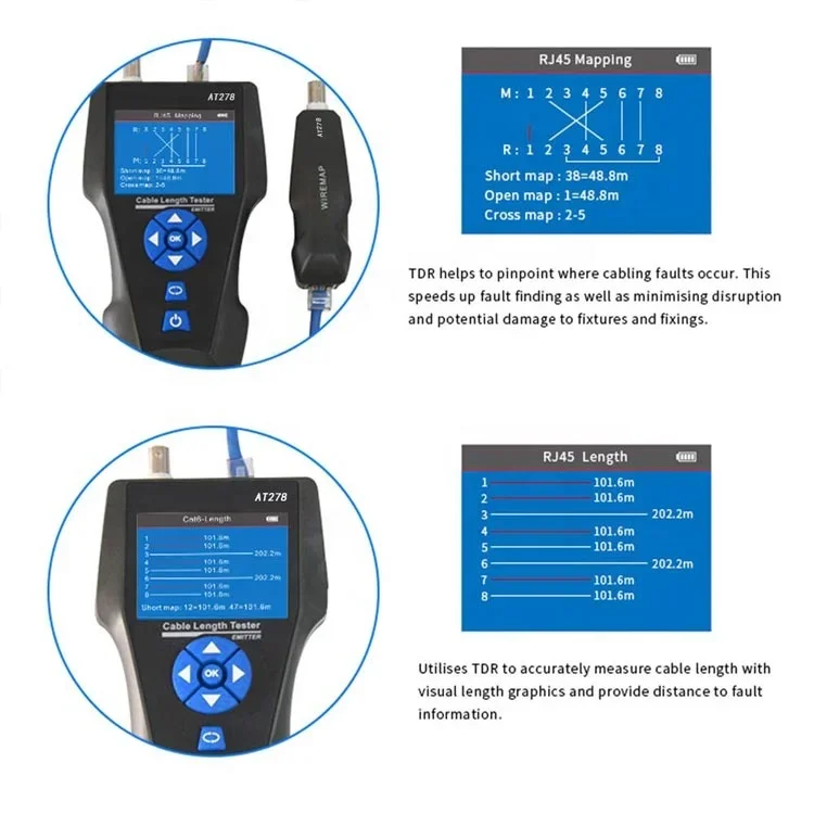 Noyafa NF-8601S TDR rastreador de Cable de red LCD multifuncional para RJ45, RJ11, BNC, Cable de Metal, PIN/POE