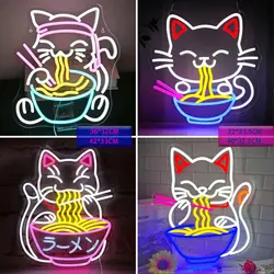 Fortune Cat Ramen Neon Signs For Wall Japanese Anime Restaurant Lucky Cat Noodle Room Colorful Style For Resturant Bar Kitchen