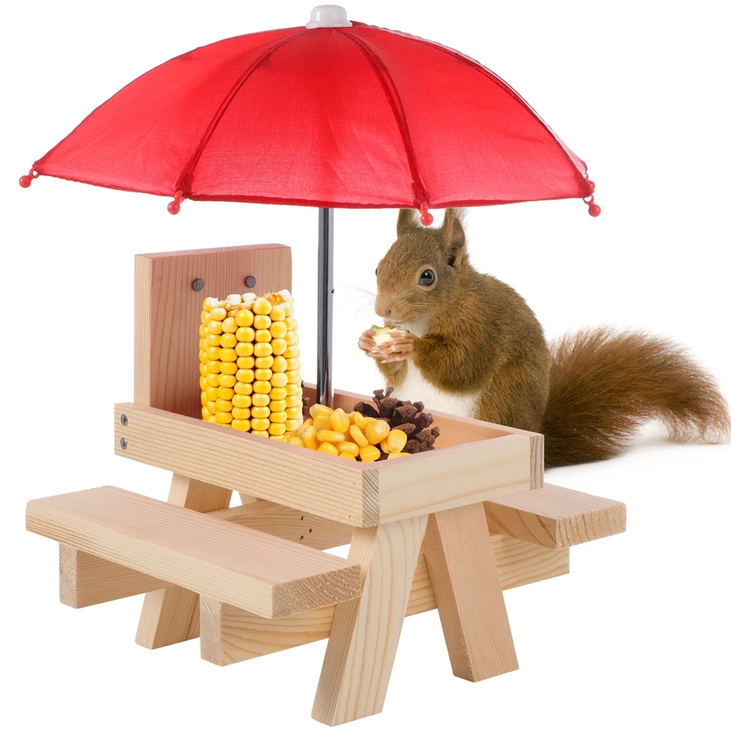 Squirrel Feeder Table With Umbrella Squirrel Picnic Table With Corn Cob Holder Cute Chipmunk Feeder With Benches Feeding Table