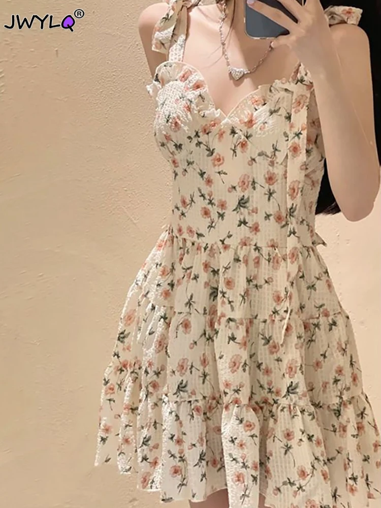 Summer Dress Girl Style Elegant Lace Up V Neck Floral Dress 2023 Kawaii Fairy Princess Slip Vintage Mini Dresses Women Clothing