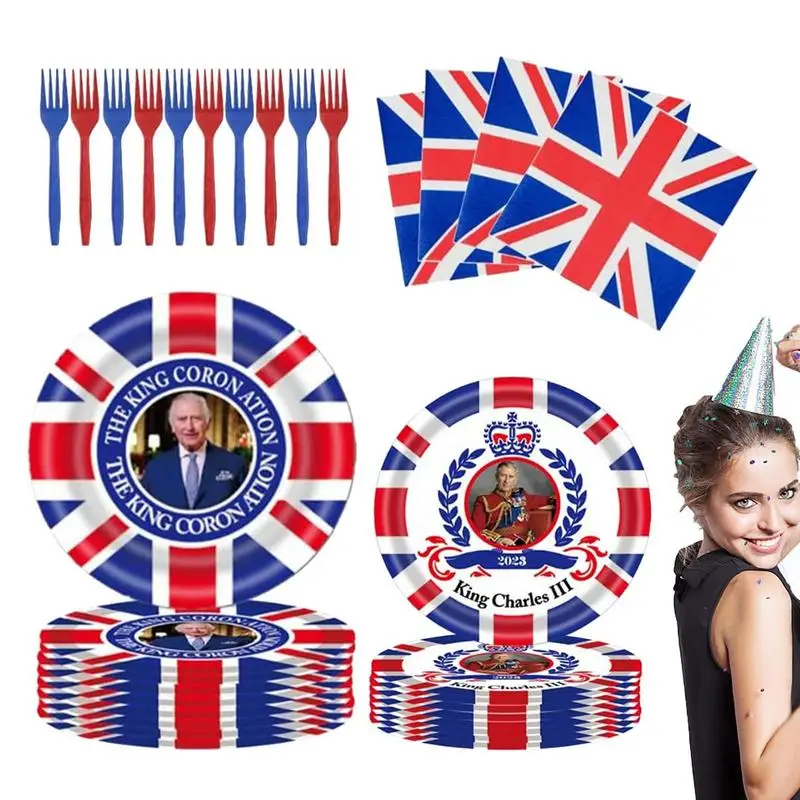 Union Jack Tableware Set UK Themed Paper Plates/Napkins/Forks Tableware Kit King Charles Coronation Decorations