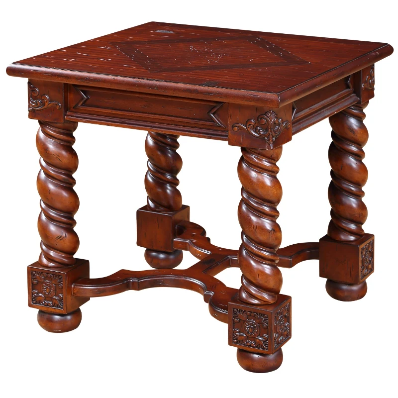 American retro solid wood square table, barley twisted legs, diamond inlay, X-shaped bracket, sun pattern engraving
