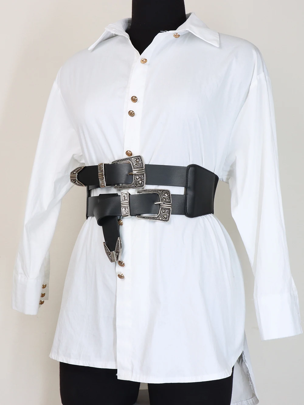 Women\'s PU Belt Retro Carved Alloy Buckle Double-Row Belt Wide Belt Versatile Jeans Clothing Accessories