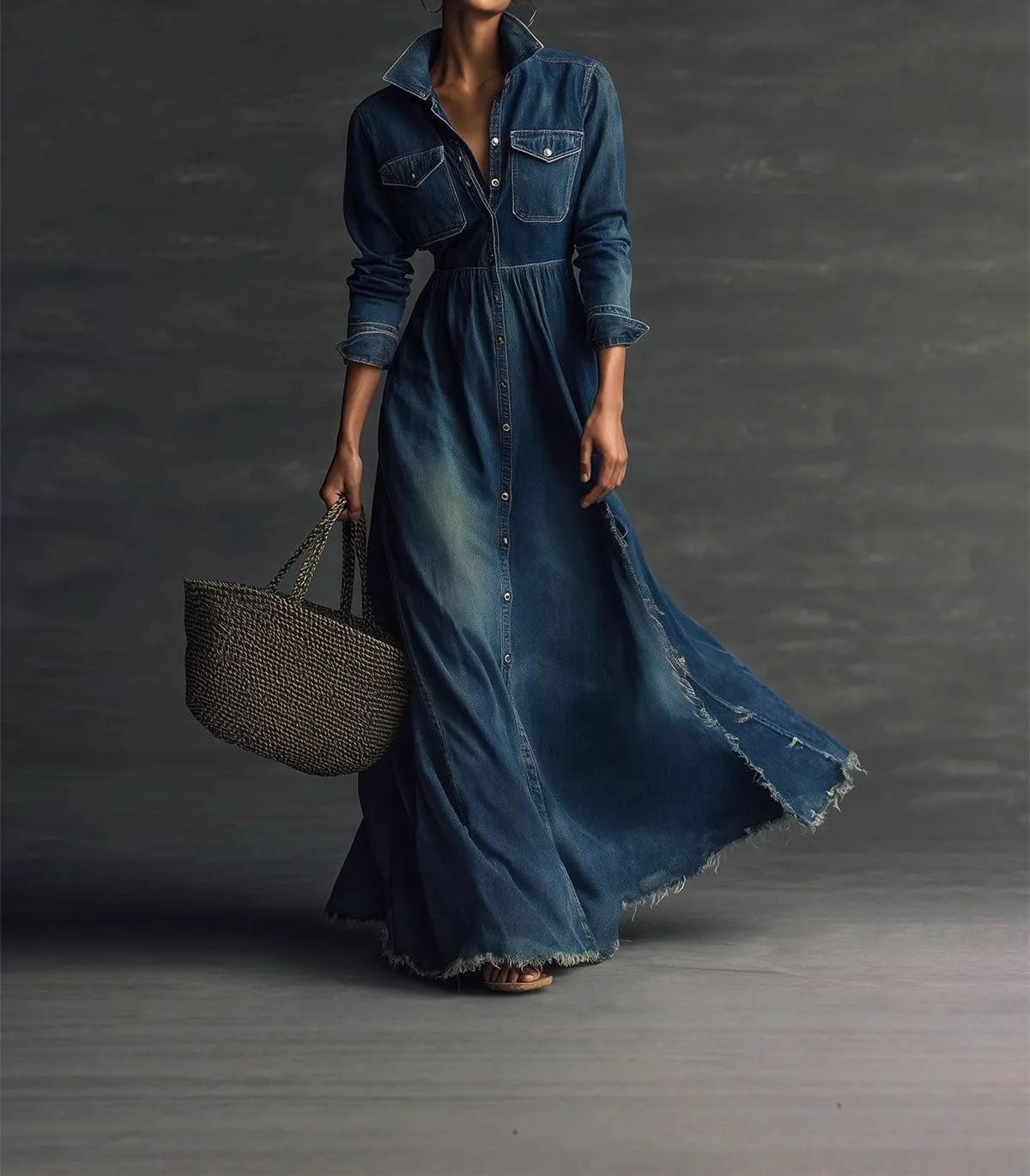 New Fashion Casual Long Sleeve Turn-down Collar Single Breasted Pockets Solid Color Split Flare And Fit Ankle-Length Demin Dress