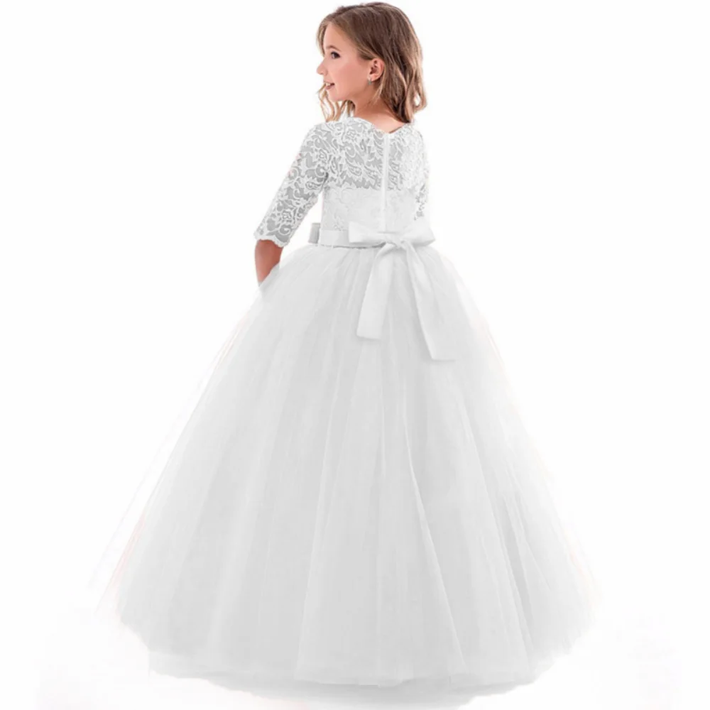 Formal Long White Bridesmaid Girls Dress Cake Lace Princess Party Flower Dresses Kids Clothes Wedding Evening Gown 8 12 Vestidos