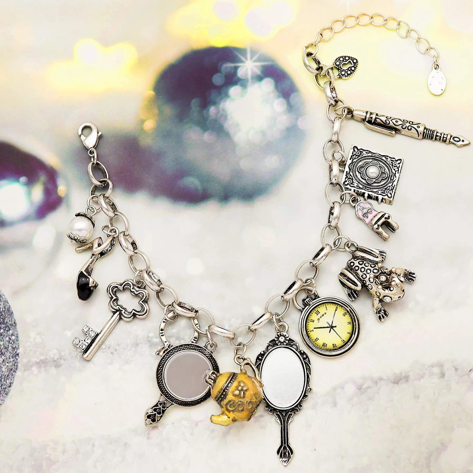Vintage Spiegel Frosch Uhr Stuhl Wasserkocher Stift Schlüssel Herz Anhänger Charms Armband für Frauen Retro Magischer Märchen-Armreif Schmuck – Detail 4