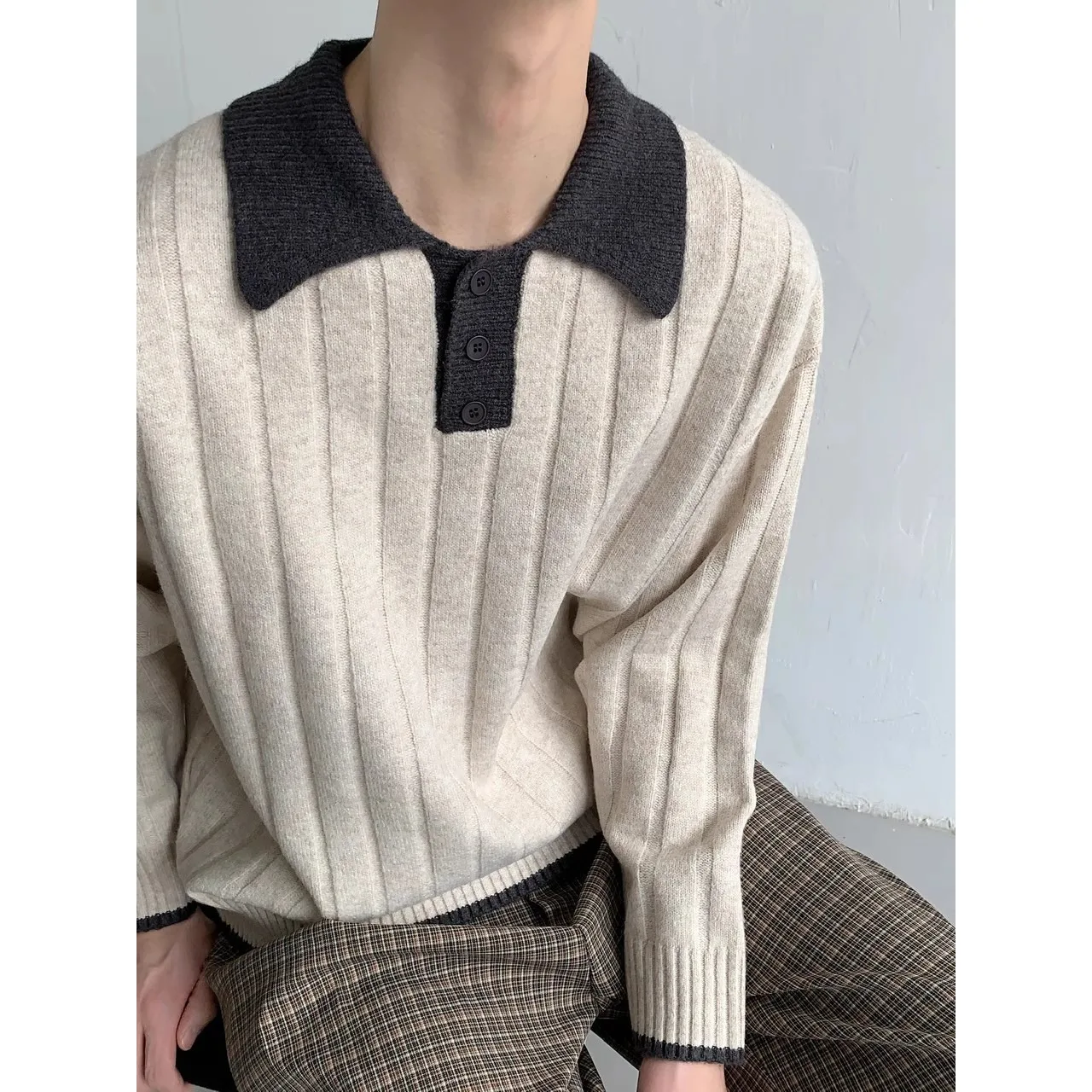 

Autumn Winter Large Size 250 Pou Collar Knitted Sweater Men's High nce Feeling Fake Two-Piece Color Blo Kn...