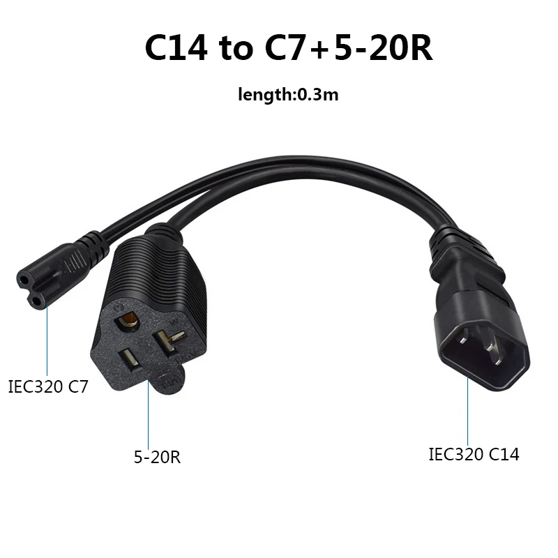 Extension Power Cord 30CM IEC 320 C14 to C7 5-20R Double Socket Electric PDU UPS Cable Connector Y Type Splitter Adapter