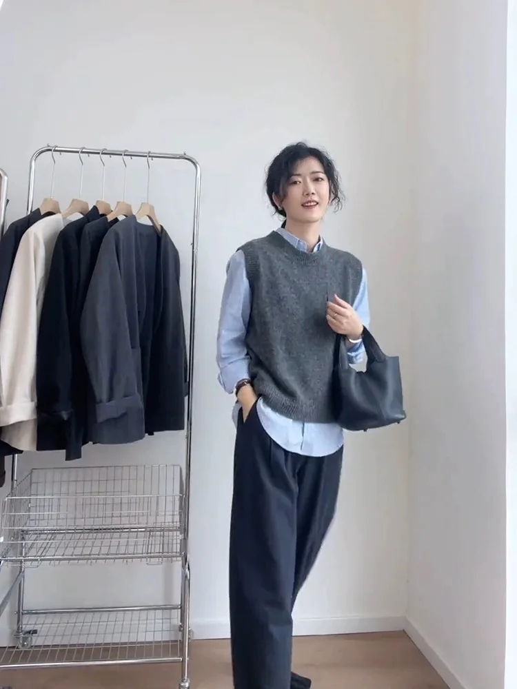 سترة Ele Round Ne Camere للسيدات ملابس خارجية فضفاضة محبوكة من الصوف وسادة كتف فرنسية Sle لون نقي ناعم