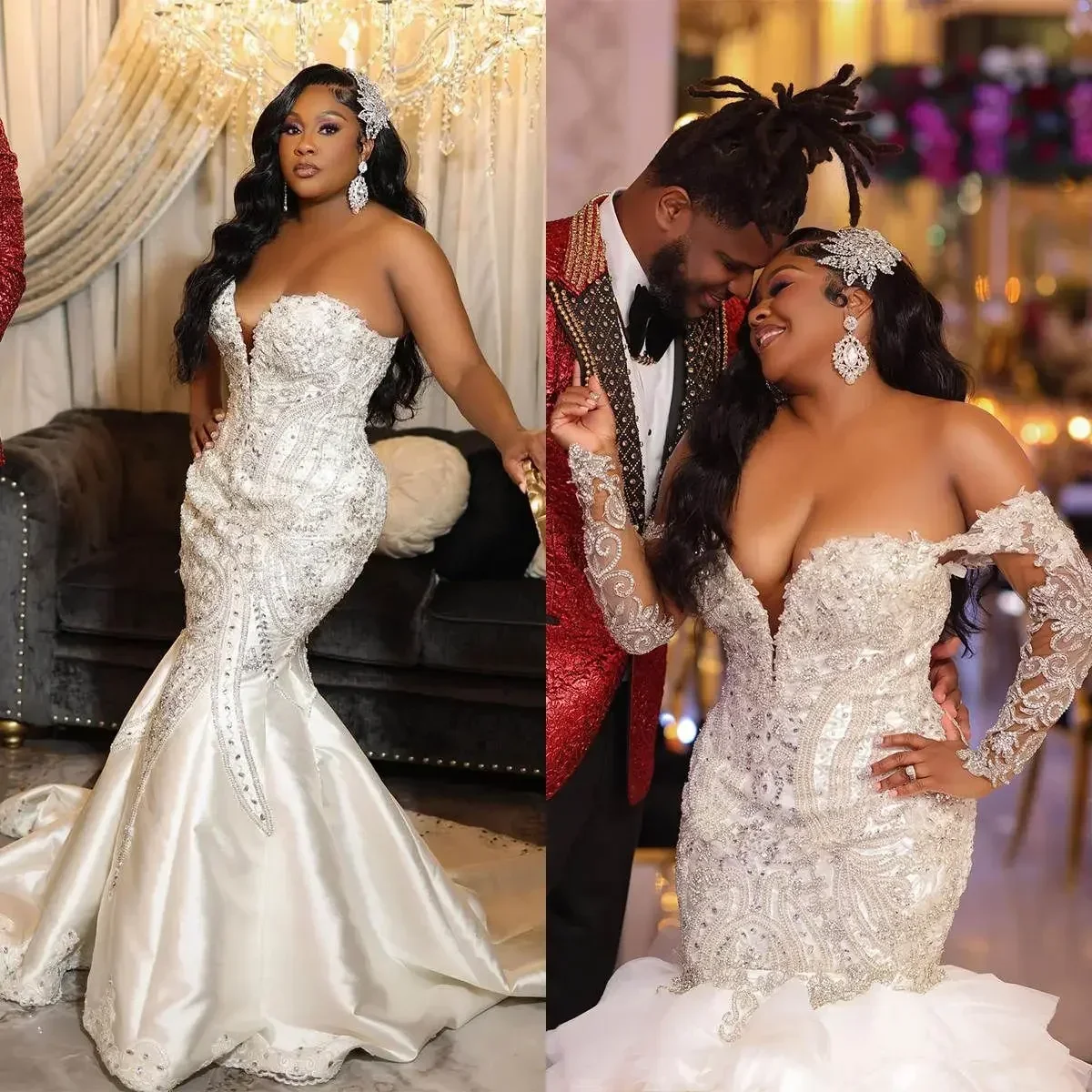 Customized Mermaid Wedding Dresses Plus Size Arabic Beaded Bridal Gowns Robes De Mariée