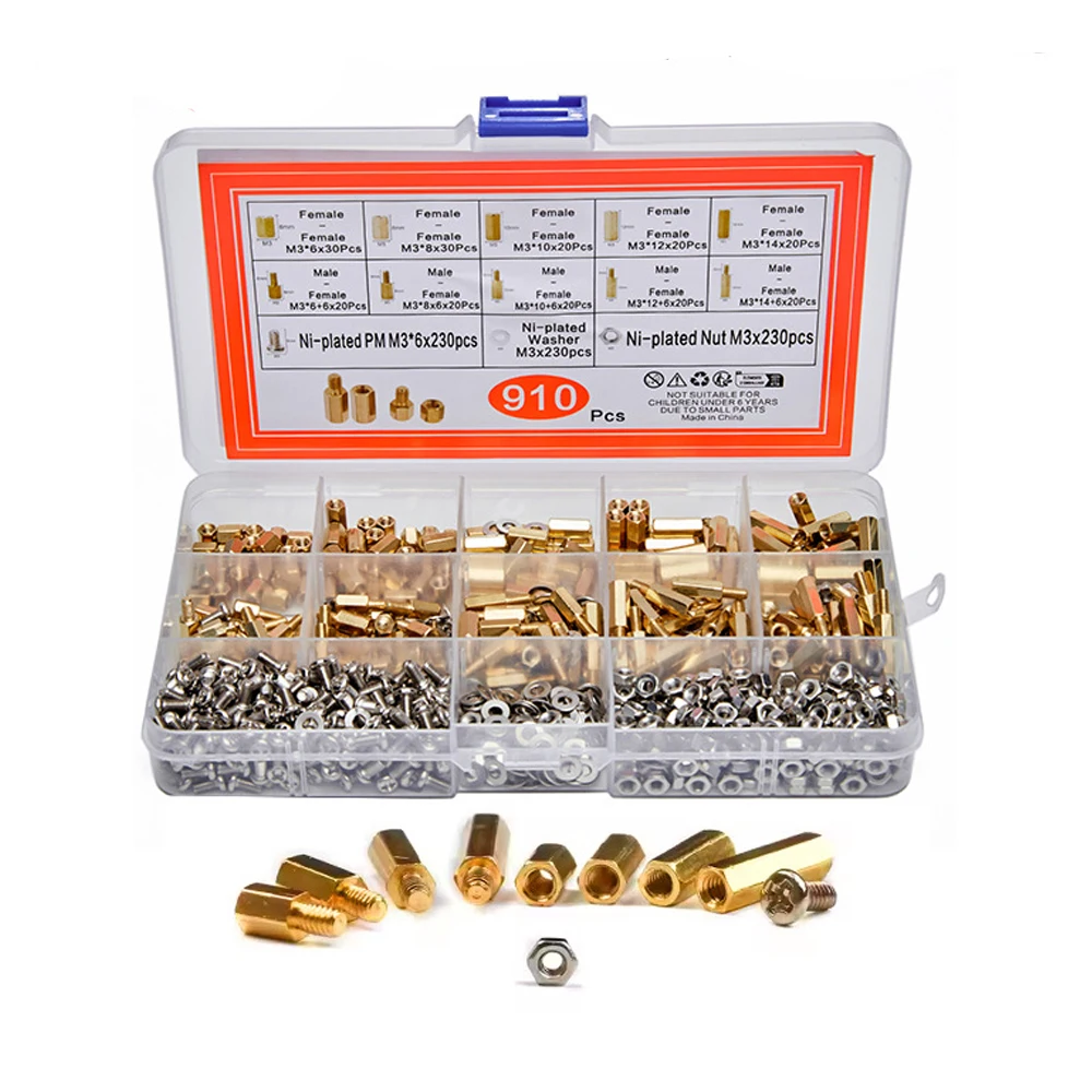 

910Pcs M3 Brass Standoff Kit Hex Copper Column Male Female Threaded Spacer Screws Nuts Assortment Set for PCB Motherboard