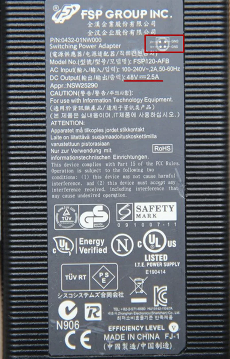 Carregador adaptador AC original FSP FSP120-AFB FSP120-AFA 120W para CiSCO SG300-10P SF302-08P 9NA 1200813   Fonte de alimentação 48V 2,5A 4PIN