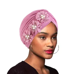 New Women solid Pearl Flowers Ruffle Turban Muslim Hijab Headscarf Caps Arab Wrap Head Wedding Party Headwear Turbante Mujer