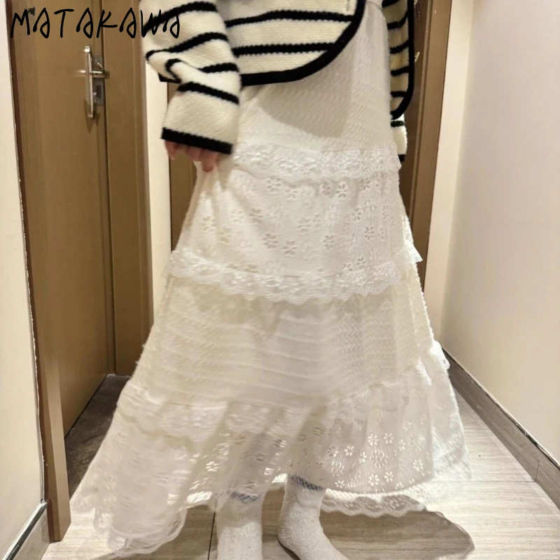 

Matakawa Lace Ruffles Women Skirts Elegant Solid Spring Autumn Vintage Faldas Mujer Korean Fashion Elegant Sweet Long Skirt