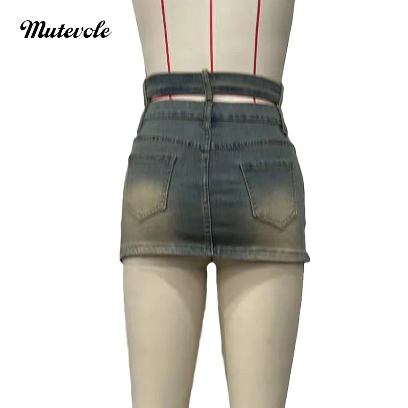 Mutevole-Mini Jupe en Denim Délavé pour Femme, Sexy, Découpée, Bandage Croisé, lèvent, Jupes en Jeans