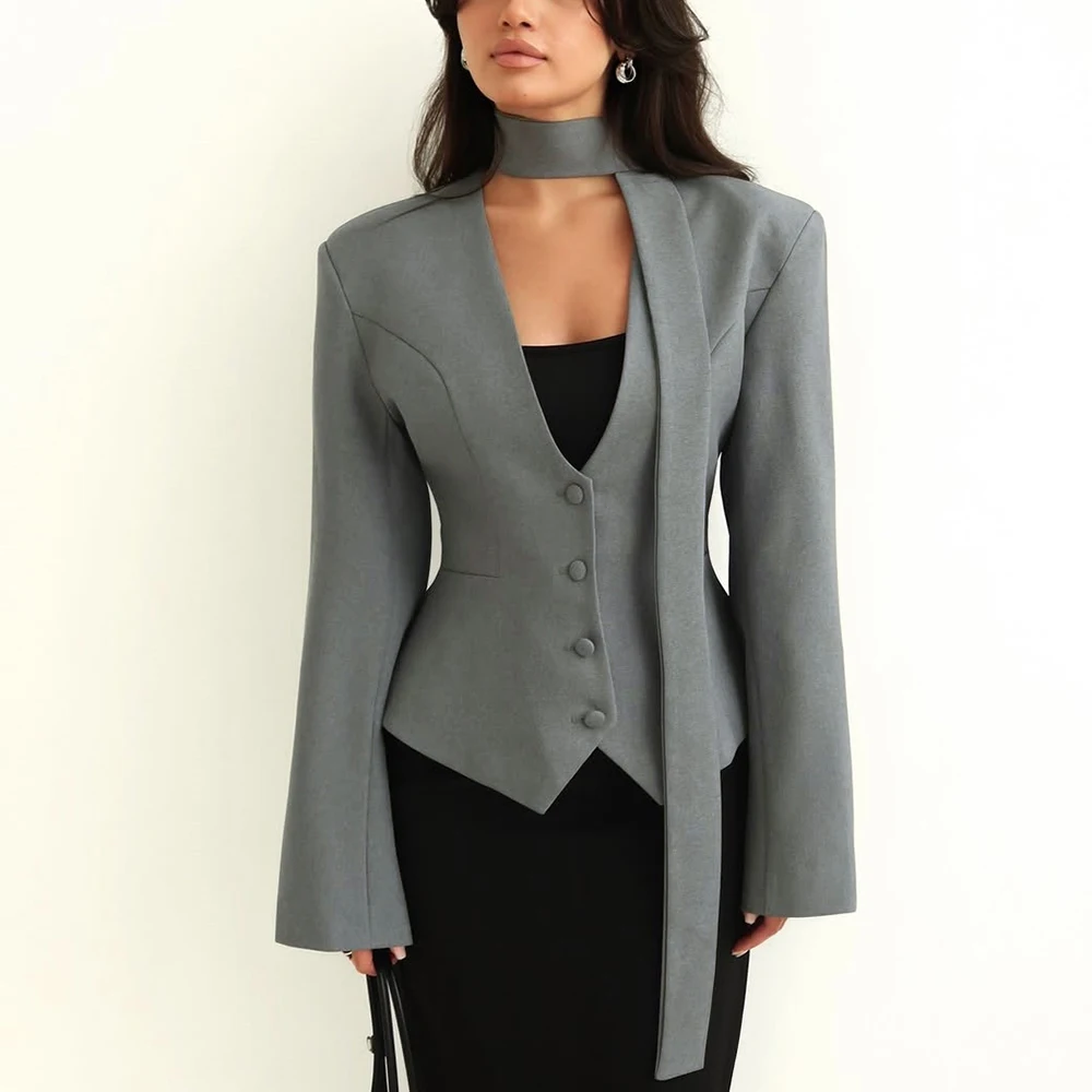 Ticketsx V Neck Scarf Blazer Jacket Women's Elegant Cinched Waist Single Breasted Full Sleeve Coat Female Casual Slim Blazers