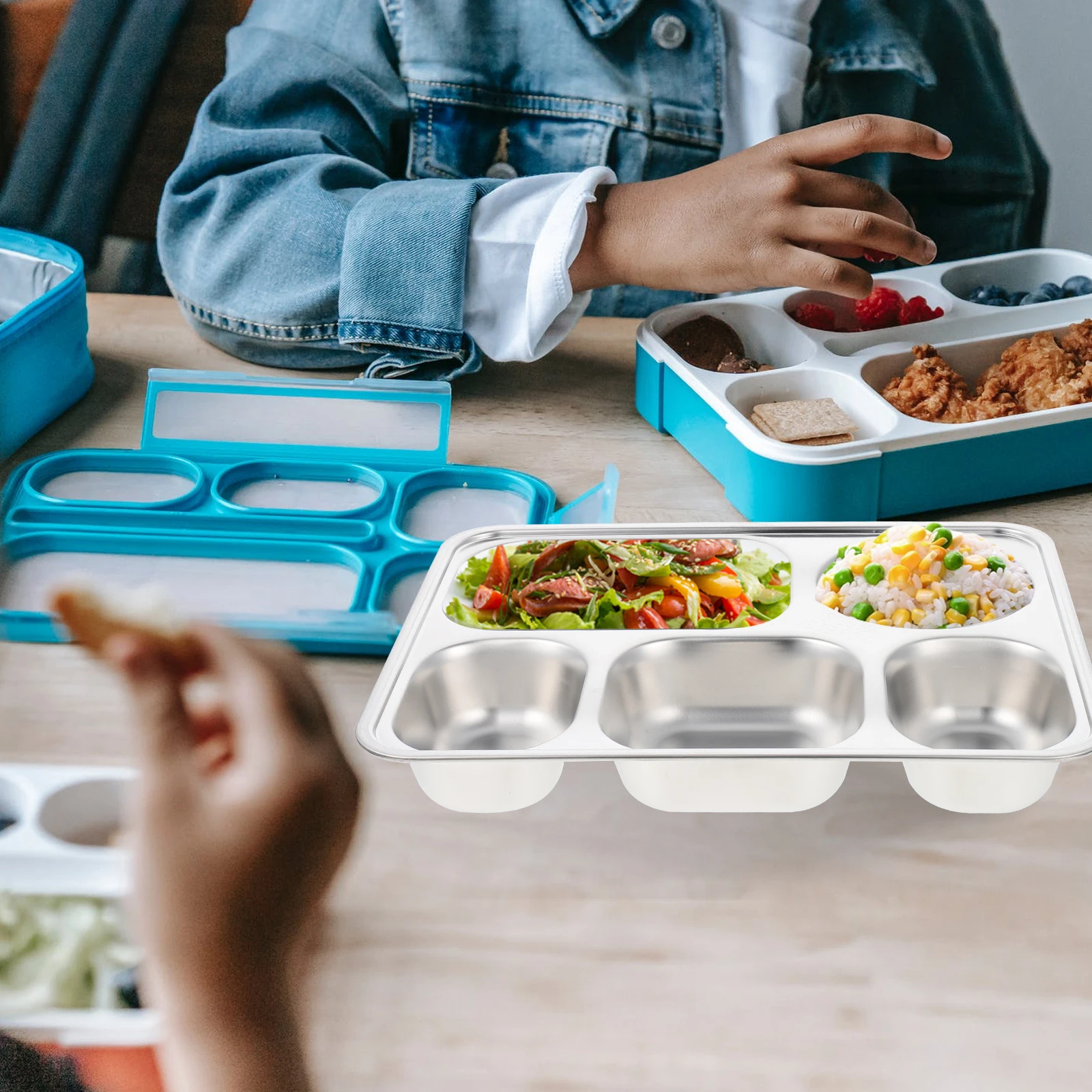 

Stainless Steel School Cafeteria Divided Plate with Cover Lunch Compartment Tray Food Section Practical Strong No