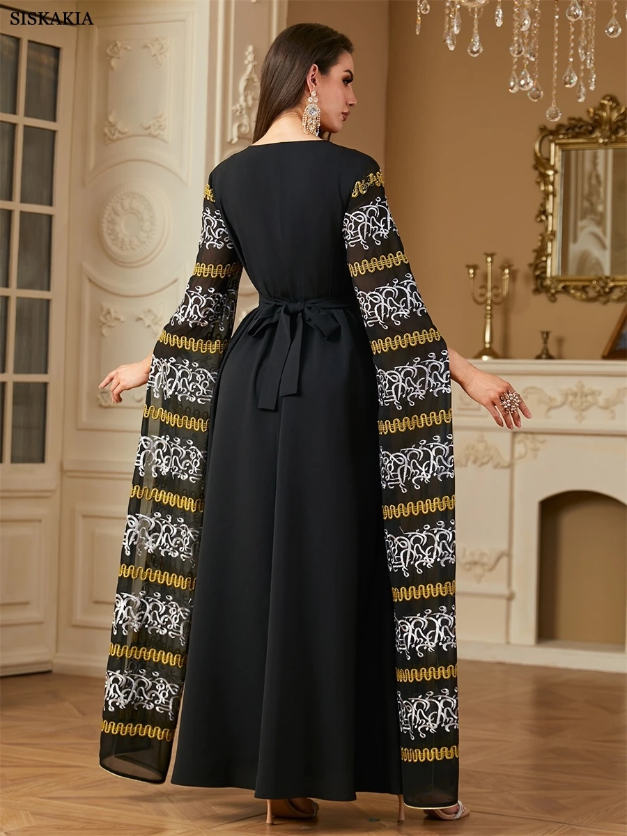 Siskakia Ramadan Mesh Embroidery Super Full Sleeves Abaya Tassel Kaftan Belt included Muslim Elegant Women Evening Dress