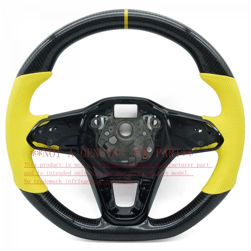 For Volkswagen Steering Wheel Horn Cover Golf 8 Carbon Fiber Half Perforated Leather Yellow Line Yellow Center Mark Heated Style
