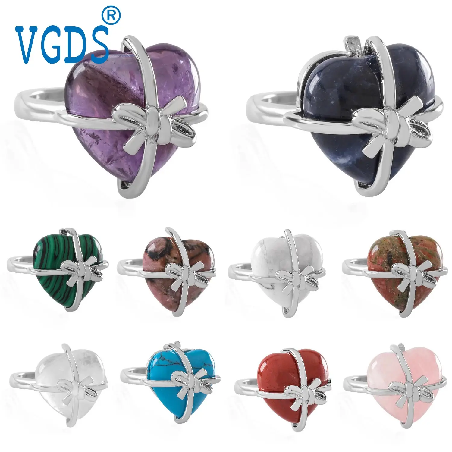 

VGDS Natural Crystal Gemstone Heart Ring European and American Fashion Men Women Charm Personality Ring Holiday Gift Option