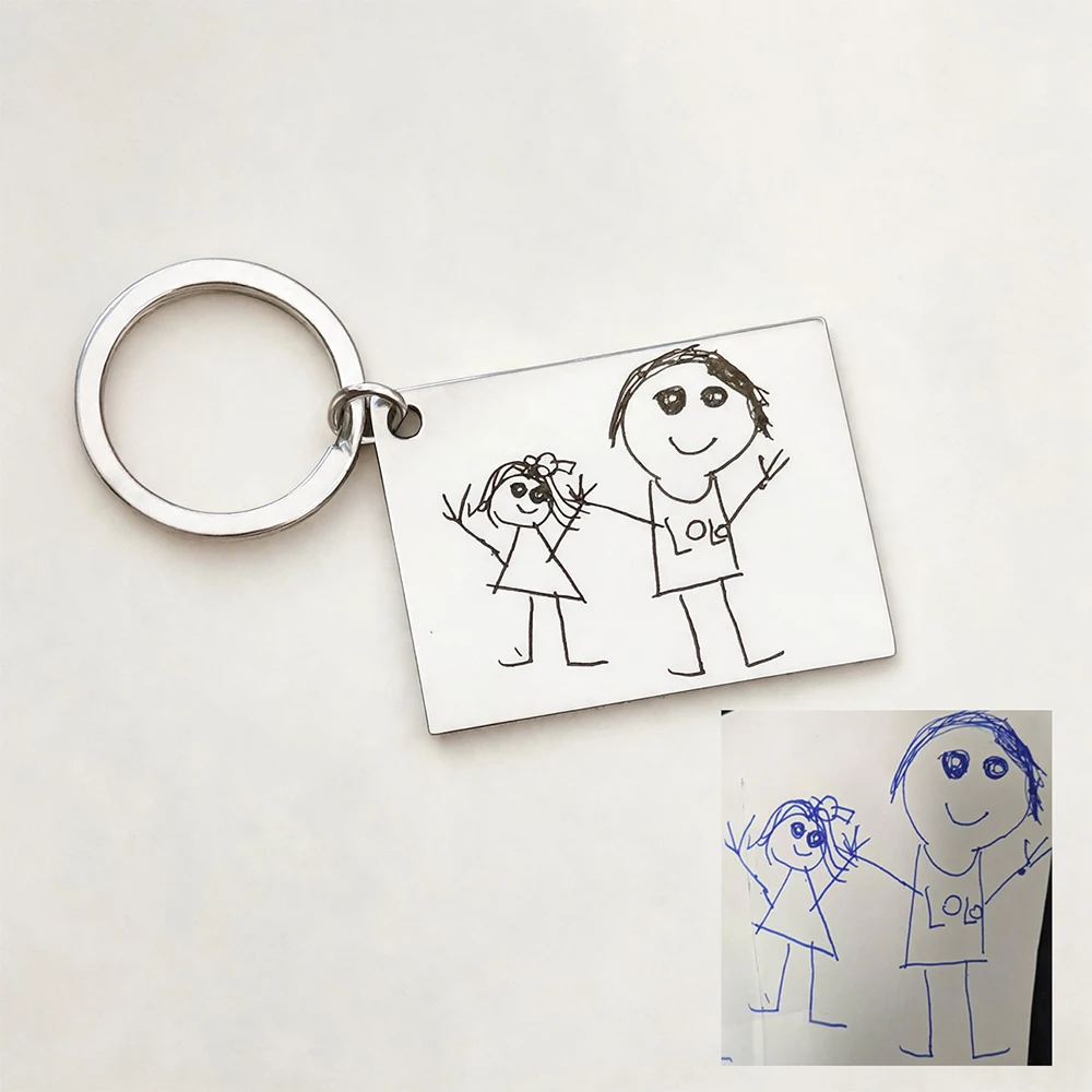 Custom Engraved Kid's Drawing Keychain Personalized With Children Painting Stainless Steel Keyring For Chirldren Birthday Gift